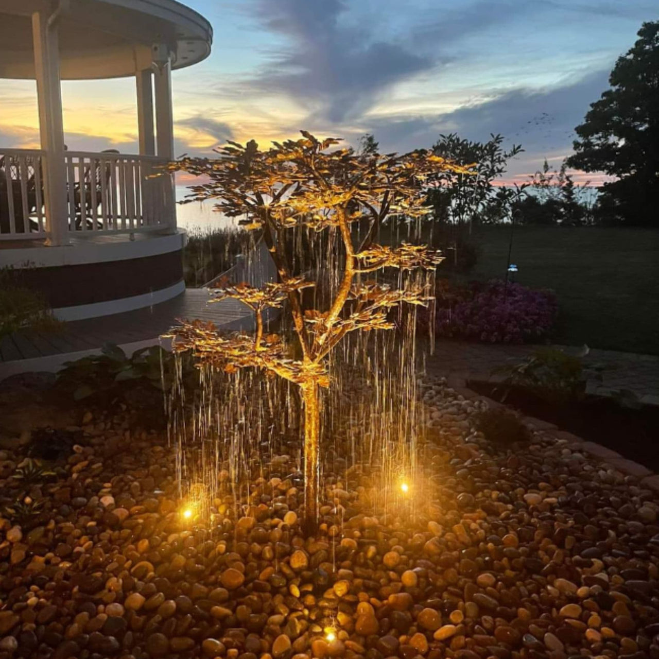 70 Copper Extra Tall Maple Tree Garden Fountain Beside Gazebo At Sunset With Three Lights