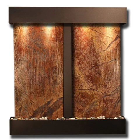 Adagio Aspen Falls Modern Decorative Wall Fountain Plain White Background-Blackened Copper Rainforest Brown Marble Square Frame