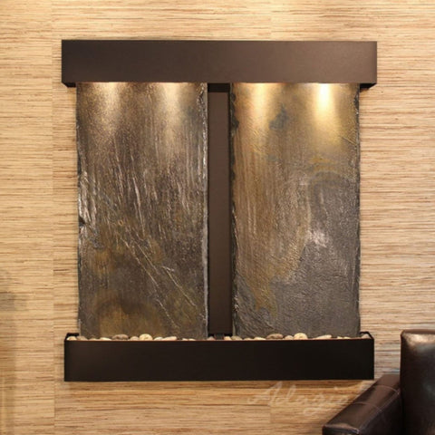 Adagio Aspen Falls Wall Fountain With Brown Leather Chair-Square Corners Blackened Copper Rajah Slate
