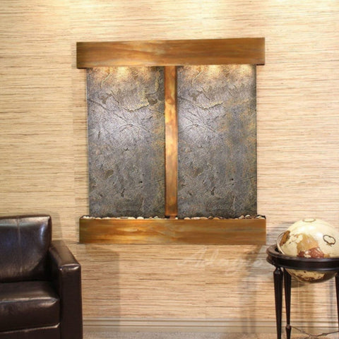 Adagio Aspen Falls Wall Fountain With Globe Decoration And Brown Leather Chair-Square Corners Rustic Copper Green Featherstone