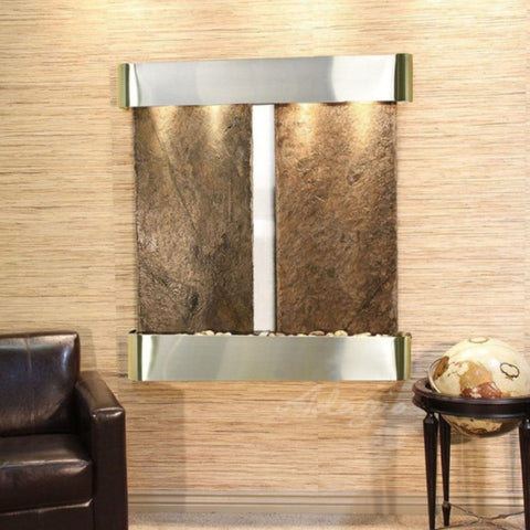 Adagio Aspen Falls Wall Fountain With Leather Brown Chair And Globe Decoration