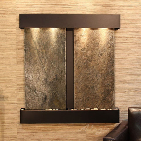 Adagio Aspen Falls Wall Fountain With Textured Wall Accent-Square Corners Blackened Coppers Green Slate