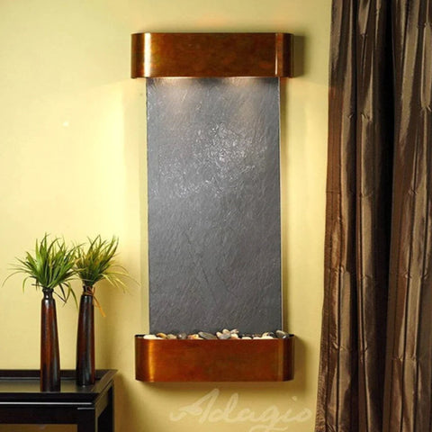 Adagio Cascade Springs Indoor Wall Water Feature Fountain Tall Brown Vases With Green Grass Plants