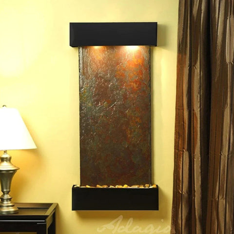 Adagio Cascade Springs Modern Water Fountain Rajah Slate-Blackened Copper Trim-Squared Corners-With Yellow Accent Walls And Lampshade