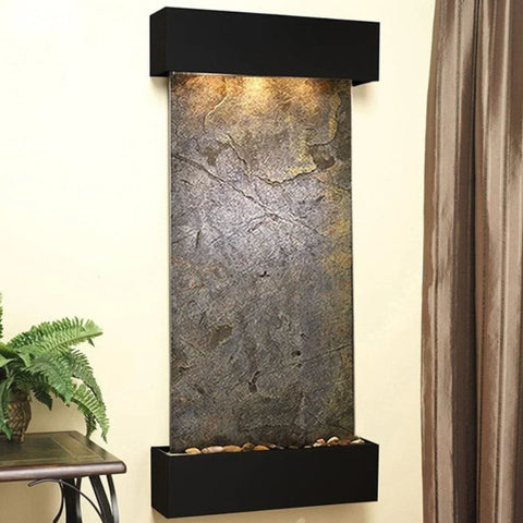 Adagio Cascade Springs Wall Fountain Neutral Painted Walls With Silky Chocolate Brown Curtain And Potted Fern Plants