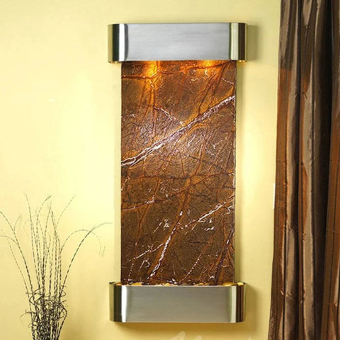 Adagio Cascade Springs Wall Fountain With Silky Brown Curtain-Rainforest Brown Marble Stainless Steel-Rounded