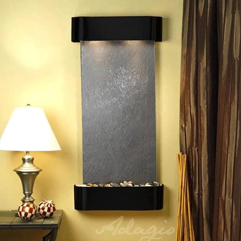 Adagio Cascade Springs Wall Fountain With Silky Brown Curtain And Table Lamp