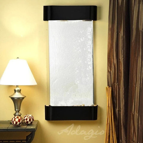 Adagio Cascade Springs Wall Fountain With Table Lamp And Two Ceramic Checkered Balls Placed In The Console Table