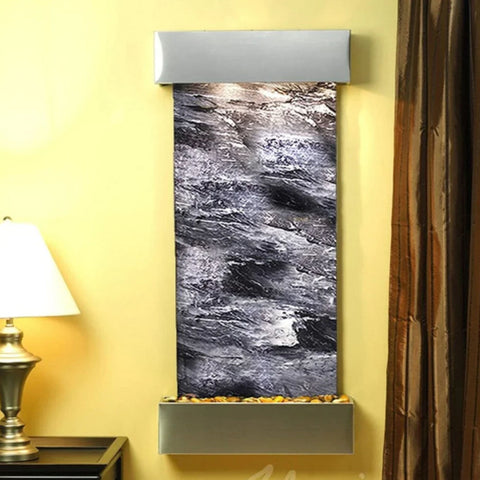 Adagio Cascade Springs Wall Fountain With Yellow Wall Accent And Silky Hanged Curtain