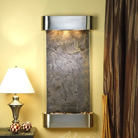 Adagio Cascade Springs Wall Fountain Yellow Accent Wall With Checkered Ball Décor And Bamboo Sticks-Stainless Steel With Rounded Corners And Green Feather Stone Slate