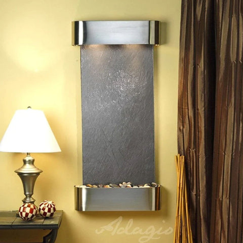 Adagio Cascade Springs Wall Fountain Yellow Accent Wall With Checkered Ball Décor And Base Metallic Table Lamp