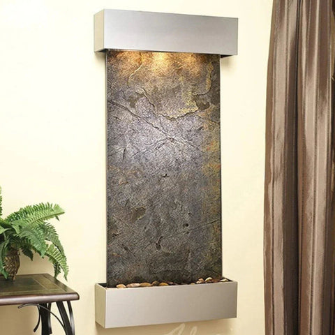 Adagio Cascade Springs Wall Fountain for Entryways and Offices Stainless Steel-Squared Corners-Green Feather Stone Slate With Fern Plants And Brown Curtain