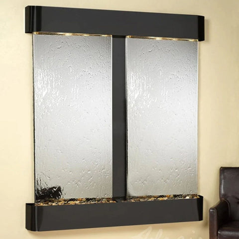 Adagio Cottonwood Falls Wall Fountain With Light Yellow Accent Wall And Leather Chair-Antique Black Copper Trim And Silver Mirror-Rounded-Corners (