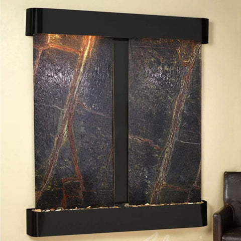 Adagio Cottonwood Falls Wall Fountain With Light Yellow Accent Wall And Leather Chair