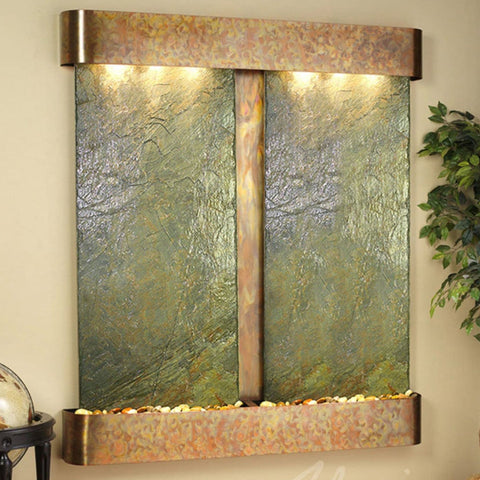 Adagio Cottonwood Falls Wall Fountain With Soft Warm Lighting Green Leaves