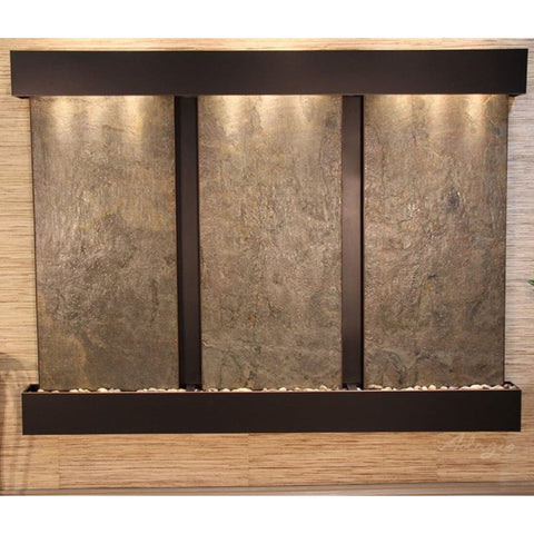 Adagio Deep Creek Falls Indoor Water Feature Fountain Neutral Textured Walls-Green Feather Stone Blackened Copper Squared Corners