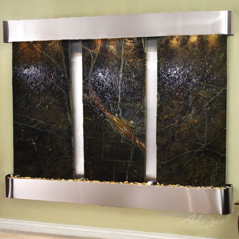 Adagio Deep Creek Falls Wall Fountain With Olive Green Paint Walls-Rainforest Green Marble Stainless Steel Rounded