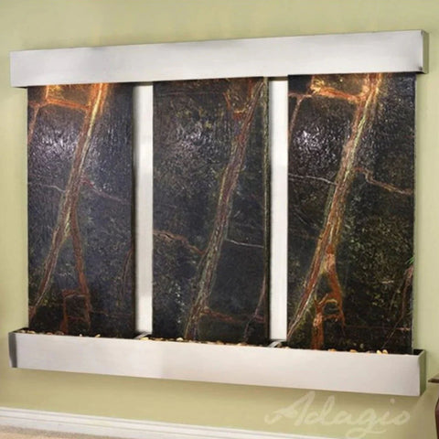 Adagio Deep Creek Falls Wall Fountain With Olive Green Paint Walls-Rainforest Green Marble Stainless Steel Squared