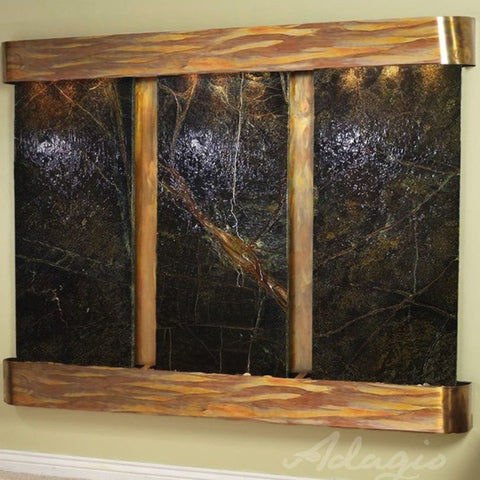 Adagio Deep Creek Falls Wall Fountain With Olive Green Painted Wall-Rainforest Green Marble Rustic Copper Rounded