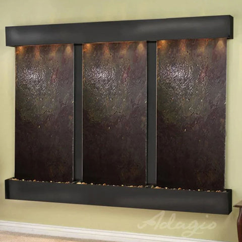 Adagio Deep Creek Falls Wall Fountain With Soft Warm Lighting And Olive Green Accent Walls