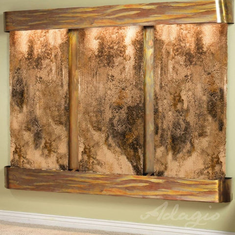 Adagio Deep Creek Falls Wall Fountain With White Wooden Edging-Magnifico Travertine Rustic Copper Rounded Corners