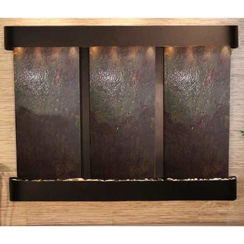 Adagio Deep Creek Falls Wall Fountain With Wooden Textured Wall-Multi Color Feather Stone Blackened Copper Rounded