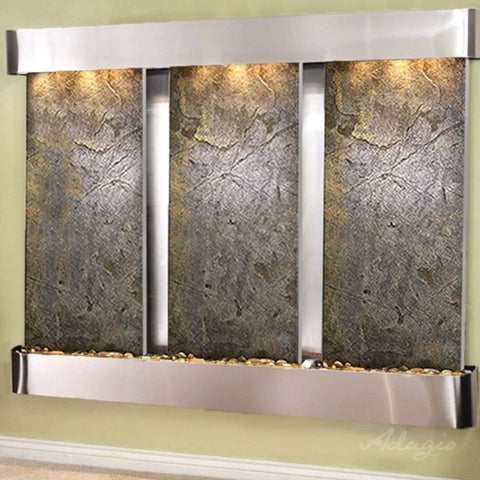 Adagio Deep Creek Falls Wall Fountain for Business or Living Spaces Neutral Greenish Walls-Green_Feather Stone Stainless Steel Rounded