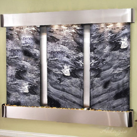 Adagio Deep Creek Falls Wall Fountain for Business or Living Spaces Neutral Walls-Black Spider Marble Stainless Steel Rounded