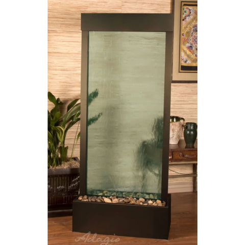 Adagio Harmony River Floor Fountain - Center Mount With Potted Plant and Ceramic Décor Behind