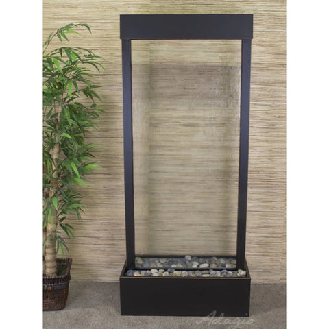 Adagio Harmony River Floor Fountain - Center Mount With Tall Green Plant in Woven Basket Planter