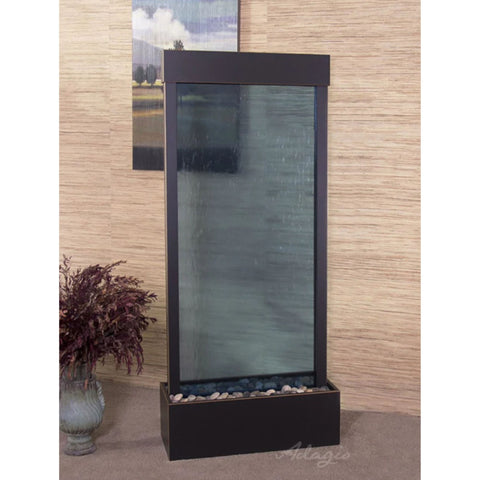 Adagio Harmony River Floor Fountain - Center Mount With Textured Walls and Framed Landscape Wall Art Behind