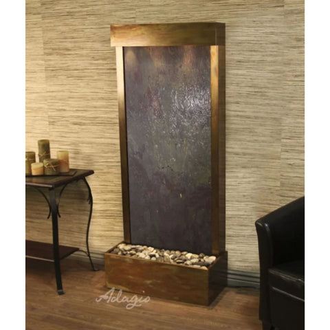 Adagio Harmony River Floor Fountain for Home or Office Decor With Chocolate Brown Leather Chair and Candles