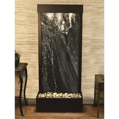 Adagio Harmony River Floor Water Fountain - Rear Mounted With Two Console Tables and Ceramic Decor