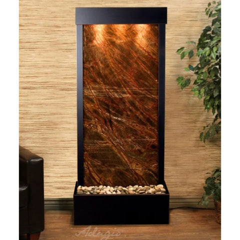 Adagio Harmony River Floor Water Fountain - Rear Mounted With Wooden Textured Backdrop and Green Leaves