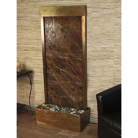 Adagio Harmony River Floor Water Fountain - Rear Mounted With Wooden Textured Background and Dark Brown Leather Chair