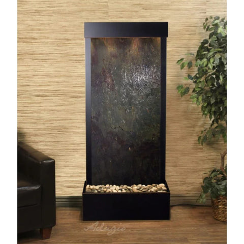 Adagio Harmony River Indoor Water Feature Floor Fountain - Rear Mounted With Chocolate Brown Leather Chair and Green Plants Each Sides