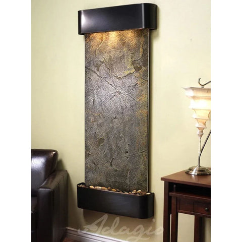 Adagio Inspiration Falls Indoor Wall Water Feature With Chocolate Brown Leather Chair and Stylish Table Lamp