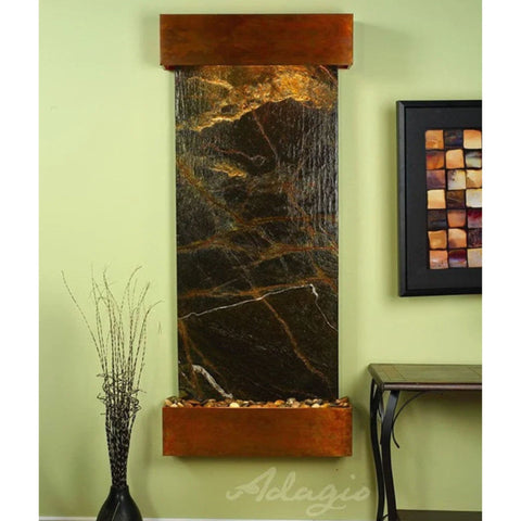 Adagio Inspiration Falls Wall Fountain With Slender Dried Grass Stems and Framed Abstract Wall Art