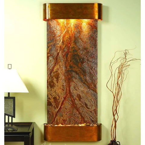 Adagio Inspiration Falls Wall Fountain With Table Lamp on the Side Table-Rainforest Brown Marble with Rustic Copper Trim and Round Corners
