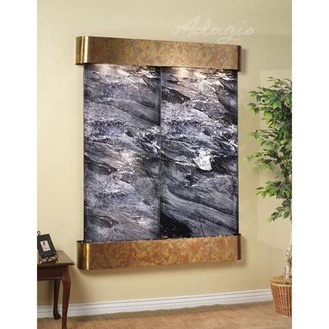 Adagio Majestic River Wall Fountain With Plants in Woven Basket Planter-Black Spider Marble-Rustic Copper-Rounded-Corners