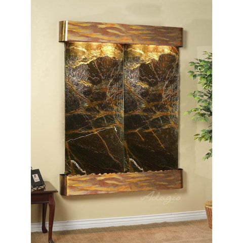 Adagio Majestic River Wall Fountain With Plants in Woven Basket Planter-Rainforest Green Marble-Rustic Copper-Rounded