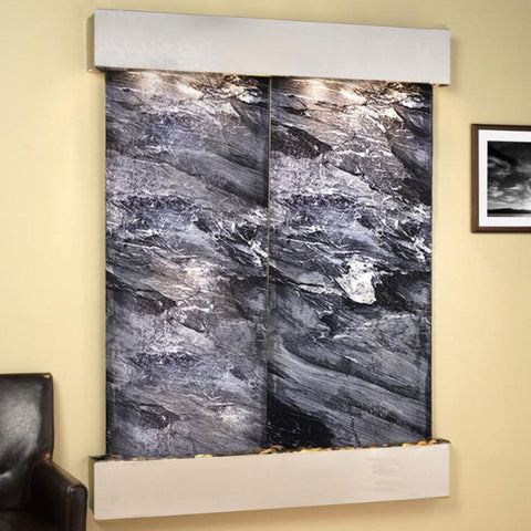 Adagio Majestic River Wall Fountain With Wall Frame-Black Spider Marble-Stainless Steel-Squared-Corners