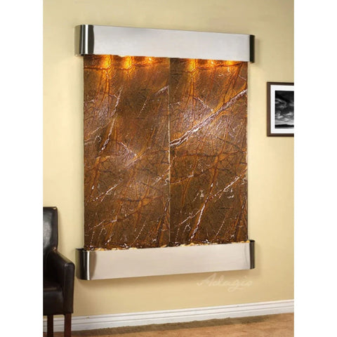 Adagio Majestic River Wall Fountain With Wall Frame and Chair-Rainforest Brown Marble-Stainless Steel-Rounded