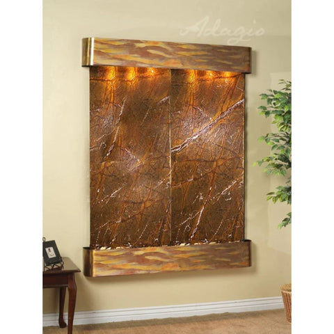Adagio Majestic River Wall Fountain for Business Lobbies or Halls Side table and Plants-Rainforest Brown Marble-Rustic Copper-Rounded