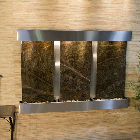 Adagio Olympus Falls Indoor Wall Water Feature With Green Leaves and Table-Rainforest Green Marble-Stainless Steel-Squared