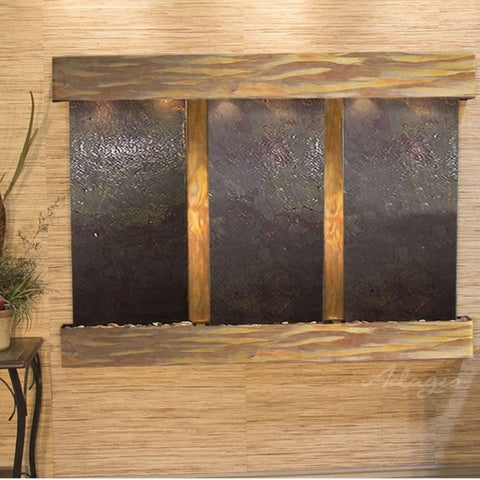 Adagio Olympus Falls Modern Vertical Water Wall With Artificial Plants On The Table-Multi-Color Feather Stone-Rustic Copper-Squared