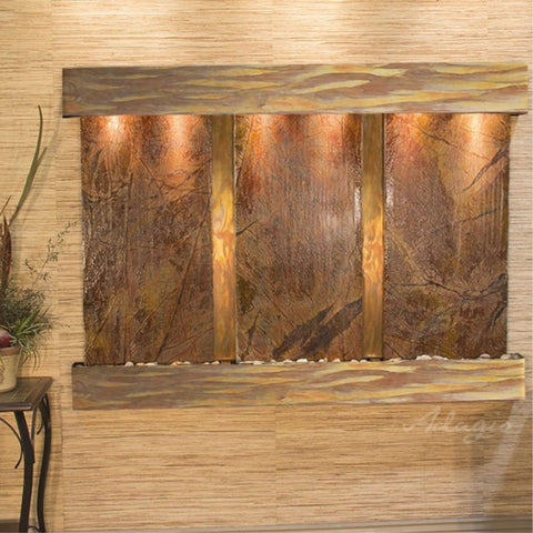 Adagio Olympus Falls Modern Vertical Water Wall With Artificial Plants in Minimalist Planter-Rainforest Brown Marble-Rustic Copper-Squared