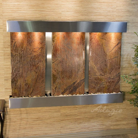 Adagio Olympus Falls Wall Fountain With Textured Wall-Rainforest Brown Marble-Stainless Steel-Squared