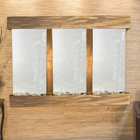 Adagio Olympus Falls Wall Fountain With Wooden Textured Wall-Silver Mirror-Rustic Copper-Squared