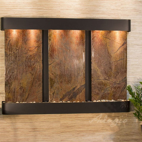Adagio Olympus Falls Wall Fountain With Wooden Wall Background-Rainforest Brown Marble-Blackened Copper-Rounded